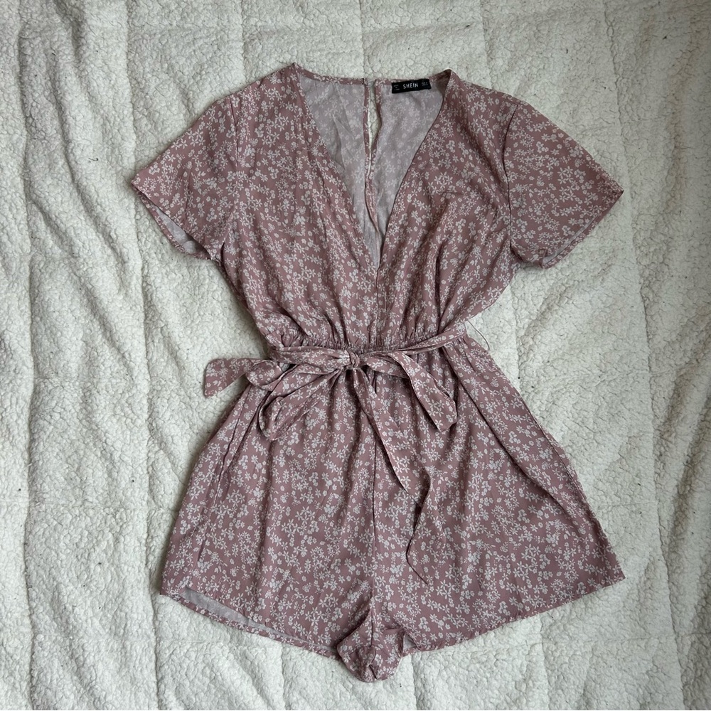 SHEIN Pink Floral Romper with Adjustable Belt